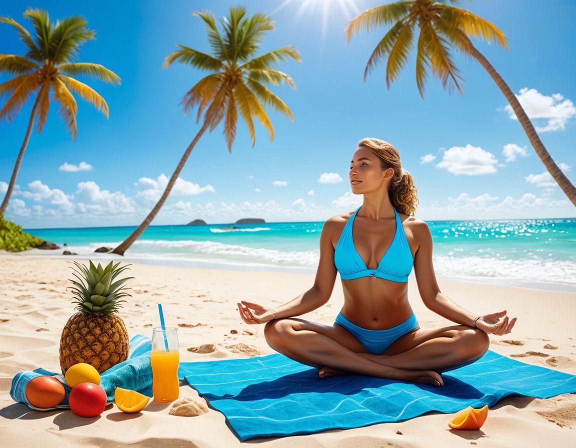 A serene beach scene showcasing a confident individual practicing a self-care routine, surrounded by colorful swimwear and vibrant beach accessories. The person is engaging in a fun yoga pose on a sunny beach, with elements like coconut water, sunscreen, and a stylish beach towel nearby. Bright blue skies and crystal-clear waves set the backdrop, creating a joyful and inviting atmosphere. super-realistic. vibrant colors. 3D.
