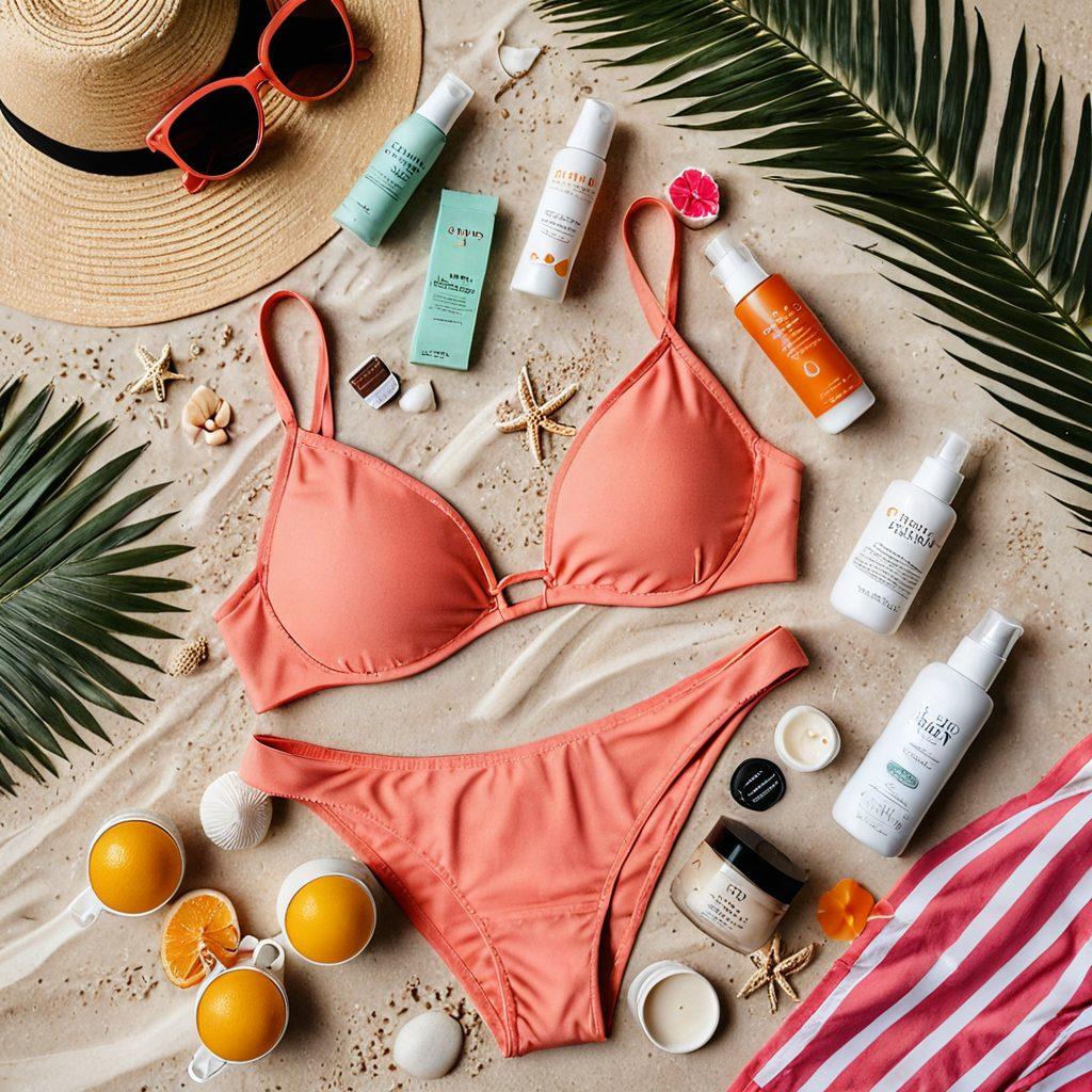A beautifully arranged flat lay of bikini maintenance essentials, including vibrant skincare products, glistening wax strips, and sun protection sprays, all artfully displayed on a sandy beach backdrop. Faded bikini prints can be subtly visible in the background, adding a playful note. Soft sunlight casts shadows, creating an inviting and warm atmosphere. super-realistic. vibrant colors. soft focus.
