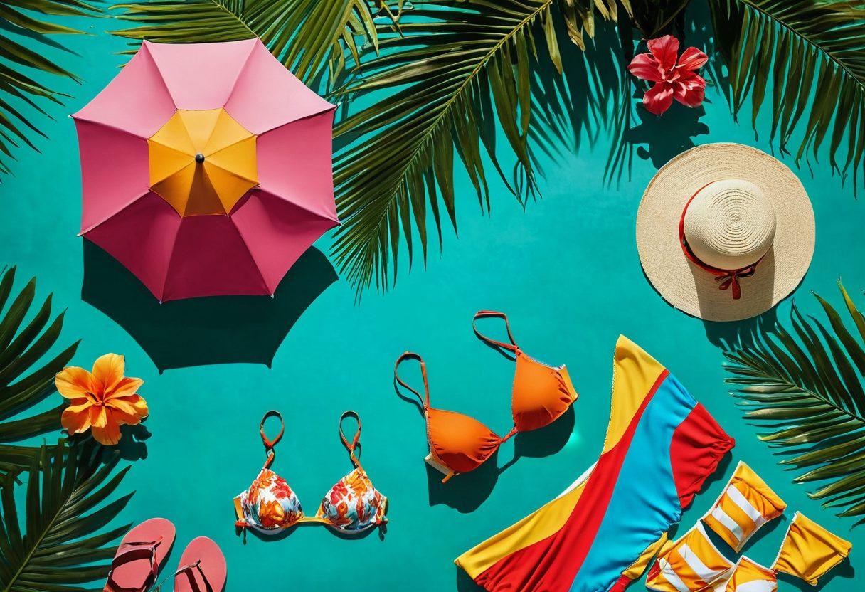 A beautifully arranged beach scene featuring various styles of vibrant bikinis hanging from a colorful beach umbrella, surrounded by tropical plants and the gentle waves of the ocean in the background. Include chic accessories like sun hats, sunglasses, and a bottle of sunscreen, creating a mood of relaxation and self-care. The overall composition should evoke a sense of summer joy and swimwear maintenance. bright colors. photorealistic. tropical theme.